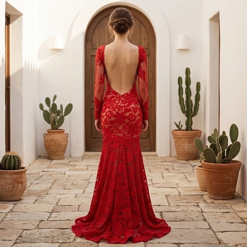 NWT Red Lace Backless Mermaid Evening Gown Long Sleeve S/6 Romantic Whimsigoth